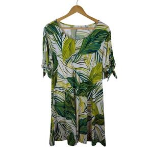 Susan Graver Tropical Leaf Print Tie Sleeve Dress Size LP Liquid Knit Stretch